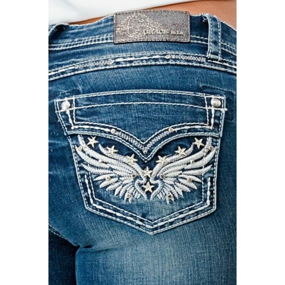 Grace in LA Denim - Grace in LA Women's Wing Star Embroidered Faux Pocket Stonewashed Bootcut Jeans
